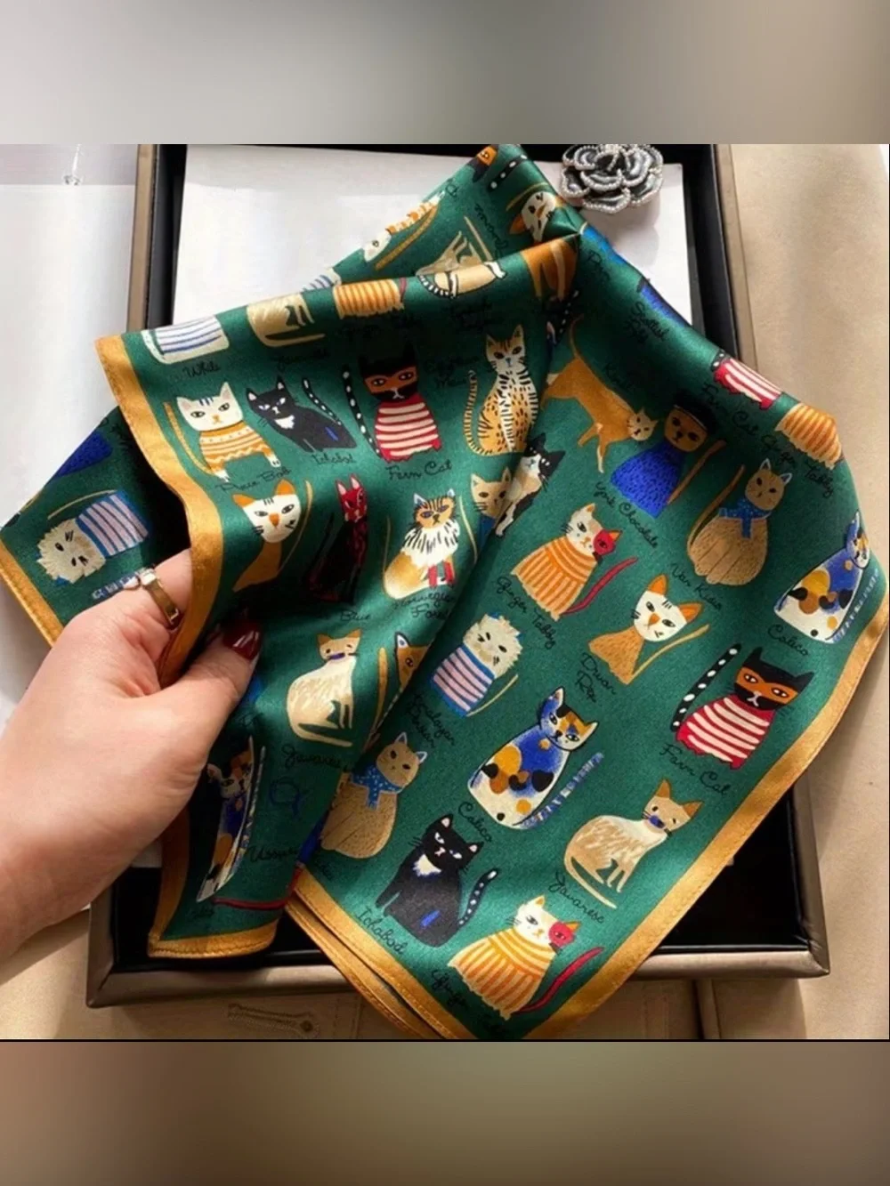 Green Cat Print Silk Scarf - Picture 3 of 5